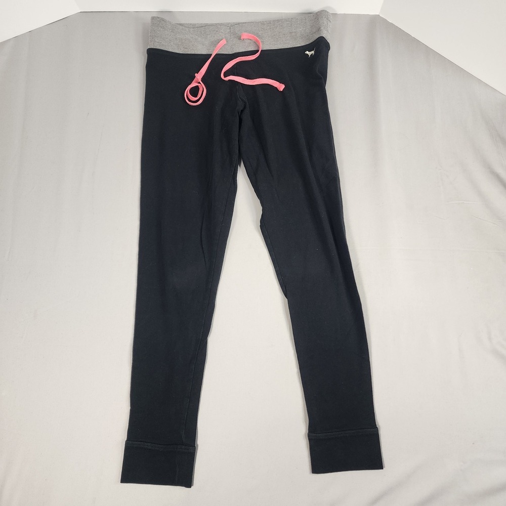 PINK Victoria's Secret Leggings Women M Black Good Foldover Waist Drawstring
